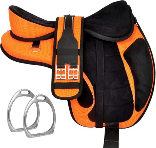 ADB CREATIONS Synthetic Treeless Freemax Horse Saddle Handmade Western Lightweight Synthetic Horse Saddle with Comfy Padded Seat Matching Girth and Aluminum Stirrups 10 to 18-Inch Seat (Orange)