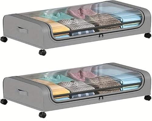 OTAVILEM Contenitore sotto il letto con ruote, contenitori portaoggetti sotto il letto, cassetto in metallo per vestiti, coperte (grigio, 2 pezzi)