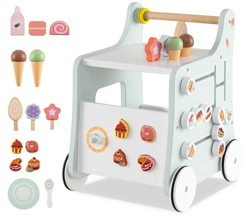 COSTWAY Springvagn trä, gåhjälpmedel med förvaringsutrymme, dessertbutik på hjul med glass, reglage, labyrint, tallrik och sked, Montessori-aktivitetscenter för barn från 1 år (grön)