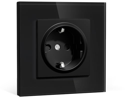 BSEEDLIFE Enchufe Pared,Enchufe Empotrable Estándar con Cristal,86 * 86mm 1 Gang 16A,Toma de Corriente,Fácil Instalación,Negro