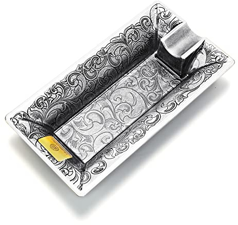 Cendrier à cigares en acier inoxydable avec support de calibre à anneau large incassable et gravures exquises pour les amateurs de cigares (Argenté)