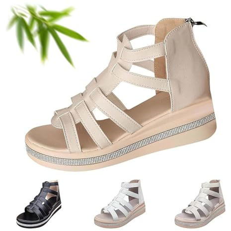 POIOZXD Sandales de gladiateur pour femme, sandales compensées à strass à bout ouvert, sandales orthopédiques d'été pour femme avec soutien de la voûte plantaire, fermeture éclair dans le dos