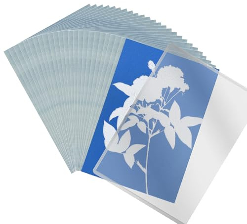 24 Piezas A5 Cianotipia, Kit de Impresión Azul, Cianotipia Kit, Papel de Impresión Solar, Papel de Cianotipado, con Lámina Acrílica Transparente, para Proyectos de Bricolaje y Decoración Arte Pared