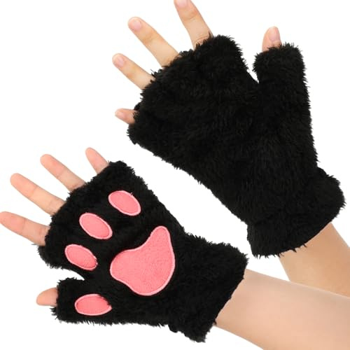 WLLHYF Guantes de pata de gato sin dedos, diseño de oso peludo, lindo equipo de mano, guantes cálidos de invierno, Halloween, cosplay, accesorios de disfraz, Negro, Talla única