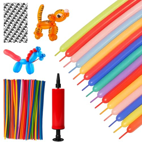 Modelling Balloons, Long Balloons for Tying, Professional Balloon Art Kit for Party Decorations, Adult Stress Relief Tool with Pump and Eye Stickers