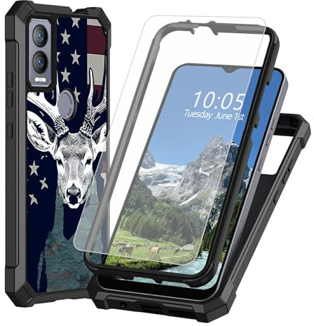 DIGTIALL Fodral för Cricket Magic 5G/ATT Propel 5G 17,2 cm med skärmskydd i härdat glas, dubbla lager kraftigt stötsäkert skyddande fodral, flagghjort