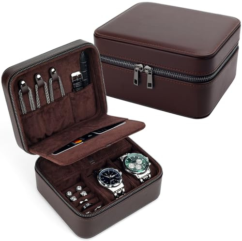 REVEMCN Uhrenbox Herren für 2 Uhren, Reise-Uhrenetui aus PU-Leder, Uhrenaufbewahrung mit Ringrollen & Zubehörfächern, Reise Schmuckkästchen für Herren, passend bis 50 mm (Groß – 2 Uhrenfächer)