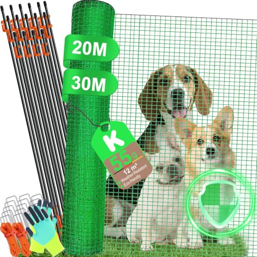 Valla Móvil para Perros y Pollos 90 cm Alto, Red de Cerca PE con Varillas Macizas de Fibra de Vidrio, Malla Fina 1.7x1.7 cm - Incluye Clip de Fijación, para Perros Medianos Jardín Camping
