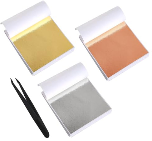 Guldfolie 300 ark, 8,5 × 9,5 cm | Guldpapper för pyssel, För prägling, Med pincetter, Bladsilver
