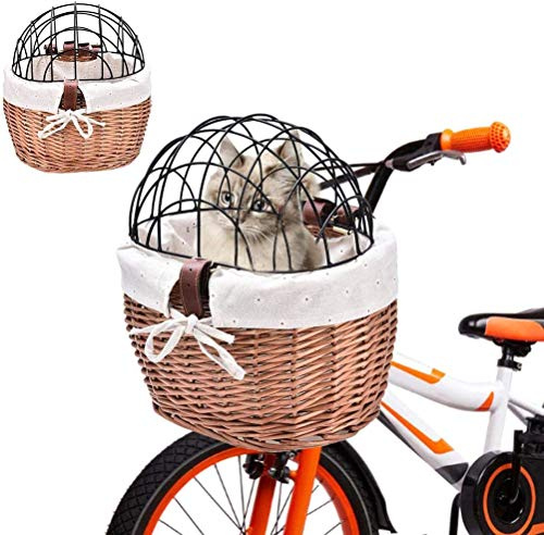 KKPLZZ Hundcykelkorg cykel avtagbar framkorg med skyddstråd, pilvävd cykelkorg husdjursväska för hund valp katter