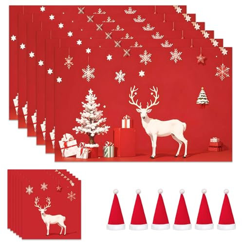 Christmas Table Decoration - 18Pcs Placemats, Coasters, Cutlery Set - Washable Heat Proof Table Mats for Home