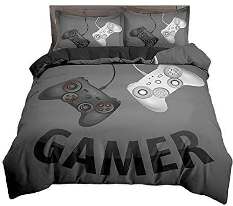 Set Copripiumino Una Piazza e Mezza Ragazzo Adolescente Gamer 3D Gamepad Cartoon Lightning Controller di Gioco Set di Biancheria da Letto in Microfibra con Federa (Grigio, 200 x 200 cm)