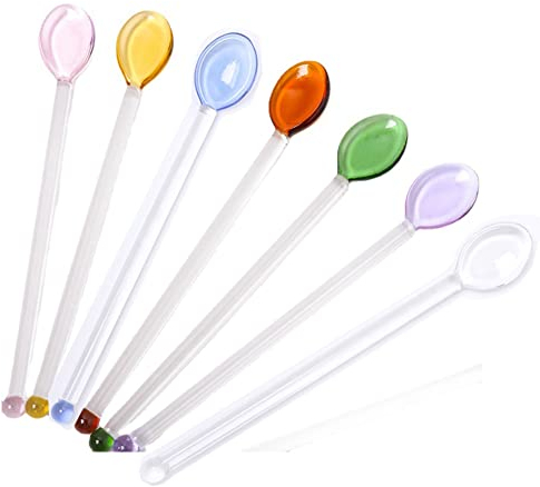 Lot de 7 cuillères à mélanger colorées en verre résistant à la chaleur pour café, thé, yaourt, crème glacée, cocktail, boisson froide, sel, sucre, apéritifs, desserts