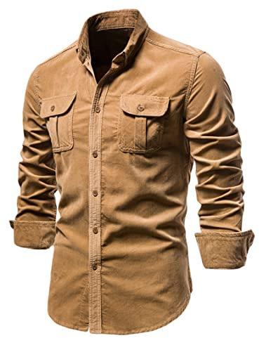 Générique JIER Hommes Chemise en Velours Côtelé à Manches Longues Boutonné Coupe Régulière Haut Automne Hiver Chemise Thermique Chemises De Travail Hauts Décontractés (Marron,M,M)