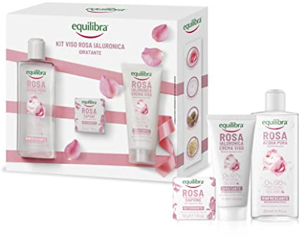 equilibra Viso, Kit Viso Rosa Ialuronica Idratante, Rosa Acqua Pura Rinfrescante, Rosa Sapone 100% Vegetale detergente, Rosa Ialuronica Crema Viso Idratante, Confezione Regalo