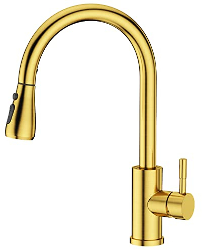 FORIOUS Wasserhahn Küche, Hochdruck Küchenarmatur mit Herausziehbarer Brause Ausziehbar Armatur, Mischbatterie Spültischarmatur Küche Küchenarmaturen, 360° Schwenkbar, Gebürstetes Gold