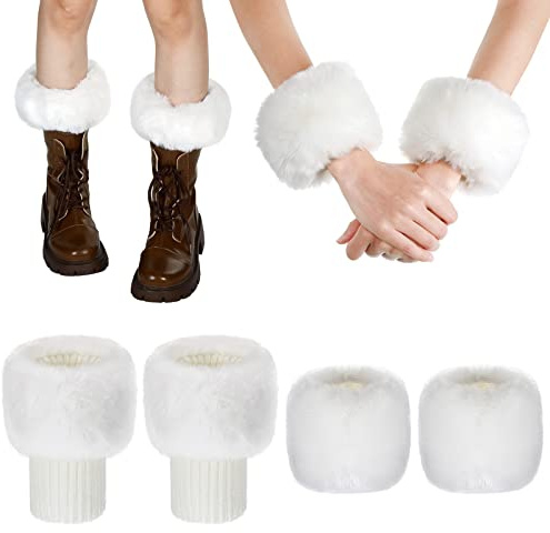 SATINIOR Women's Winter Faux Fur Fuzzy Wrist Cuffs Warmers and Boot Cuffs Knitting Fluffy Leg Warmers for Women Girls(White)