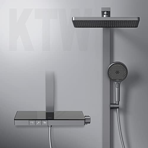 EMKE Duschsystem mit Thermostat Duschset Duschsäuleset mit 40cm Thermostatische Platte, Brausestange, Handbrause mit 4 Strahlstärken,Regendusche mit Armatur, Anthrazit Matt