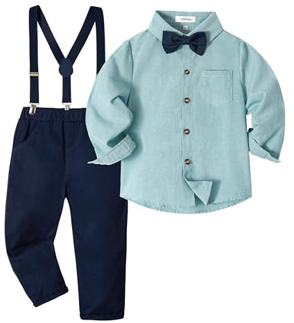 Volunboy Baby Boys Gentleman Suit, Toddler Formal Bow Tie Shirts + Suspenders Pants 4PCS Outfit(12-18 Months,Pure Green,Tag Size 80)
