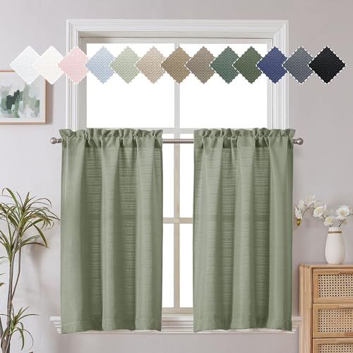 Chyhomenyc Light Green Kitchen Curtains Tier 36 Inch Length, 2 PCS