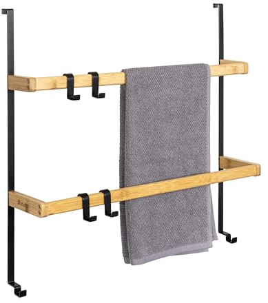 eluno Tür-Hängeregal aus Metall und Bambus, Tür-Handtuchhalter mit 2 Handtuchstangen, 4 praktische Haken, zum Einhängen ohne Bohren (Schwarz)