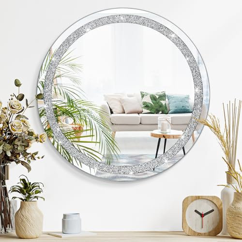 Crystal Diamond Silver Mirrors for Wall Round Shaped Wall Hanging Mirror Frameless Bling Stylish Decoration Mirror for Vanity Home Bathroom Bedroom Living Room Hallway Decor