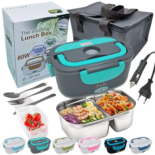 JessyLine Fiambrera eléctrica portátil moderna y versátil 80W 12V/24V/220V Coche camión y Oficina Calienta comida sin microondas lonchera contenedor acero inoxidable 1,5L Dos divisiones Gris turquesa