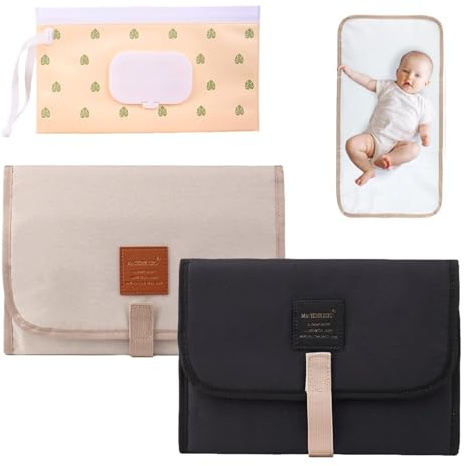 2 PCS Baby Changing Mat Set, Portable Foldable Waterproof Nappy Pad with Wipes Dispenser, Black and Beige Travel Pad for Home, Car, Nappy Bag and On-the-Go Use