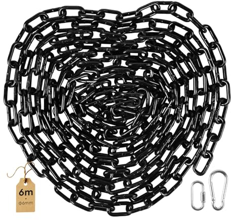 SWAWIS 6m Catena in Acciaio al Carbonio Ø 6mm, con M6 Anello Rapido e Moschettone a Molla, Catena in Metallo per Catene Divisorie, Altalene e Sedie Sospese (Nero)