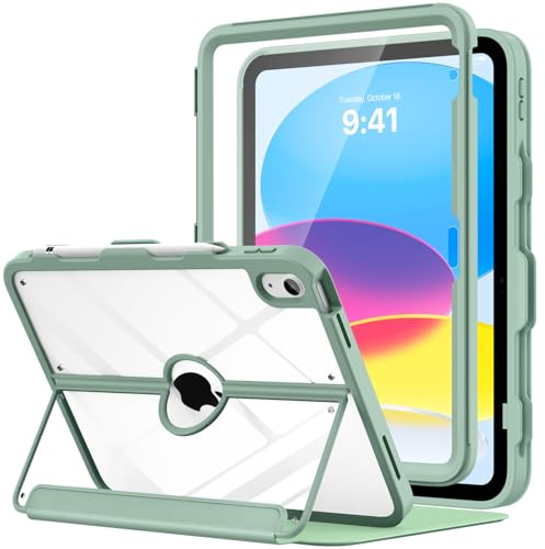 MoKo för iPad 11 tum (A16) 11:e generationens fodral 2025/iPad 10:e generationen fodral med pennhållare 2022 10,9 tum, inbyggt skärmskydd klar baksida, visningsstativ med flera vinklar, agave-grön