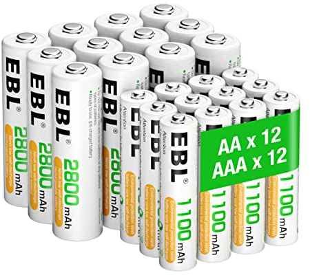 EBL AA AAA Akku Pack 24 Stück - AA 2800mAh 12 Stück mit AAA 1100mAh 12 Stück, 1,2V NI-MH wiederaufladbare Batterien