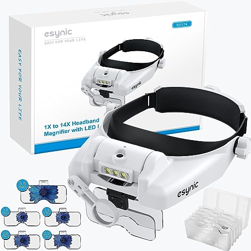 eSynic Head Magnifier Professional Headband Magnifying Glasses Rechargeable Head Magnifying Glass with Light 1X to 14X Headband Magnifier With 3 LEDS &5 Detachable Lenses for Craft Work, Reading etc