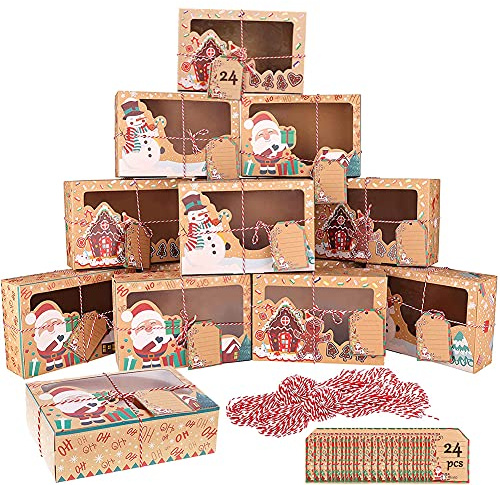 OEMG 24 pcs Cajas de Regalo Navidad Kraft Bolsas de Papel de Caramelo para Bombones,Dulces,Chocolates,Pequeños Regalos Decoración de Navidad Suministros(22 x 15 x 7cm) (L)