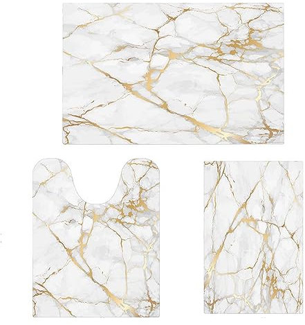 EMMTEEY Juego de alfombras de baño de 3 piezas, alfombras de baño color gris dorado, tapete de baño fino absorbente, de secado rápido y antideslizante, para ducha, fregadero, bañera, accesorios