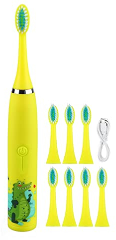 Kids Electric Toothbrush, USB Rechargeable Electric Power Soft Toothbrush with 8 Brush Heads for Children, 4 Modes, Smart Timer (Yellow)