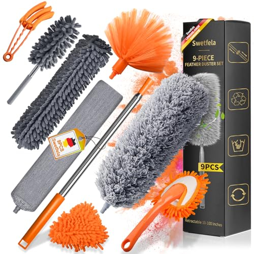 Swetfela 9 Pezzi Spolverino Telescopico, Togli Ragnatele Allungabile 25-256 CM, Spolverino Multifunzionale, Spolverino per la Pulizia di Tetti, Piani D'Appoggio, Persiane, Armadietti(Arancione+Grigio)