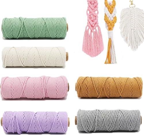 6PCS Makramee Garn, 1mm x 100m Bunt Baumwollseil, Natur Baumwolle Makramee Baumwollgarn Baumwollkordel für DIY Handwerk, Hängepflanze,Blumenampel, Basteln Stricken Boho Deko (6pcs-3mm x 50m)