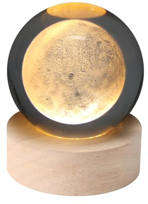 Lhdfyqt Sfera di cristallo 3D di Luna, 3D Luna Sfera di Cristallo Luce, Lampada Sfera di Cristallo, 3D Luna Sfera di Cristallo con Base in Legno, Chargement USB, Décoration de Tavolo (6 cm)
