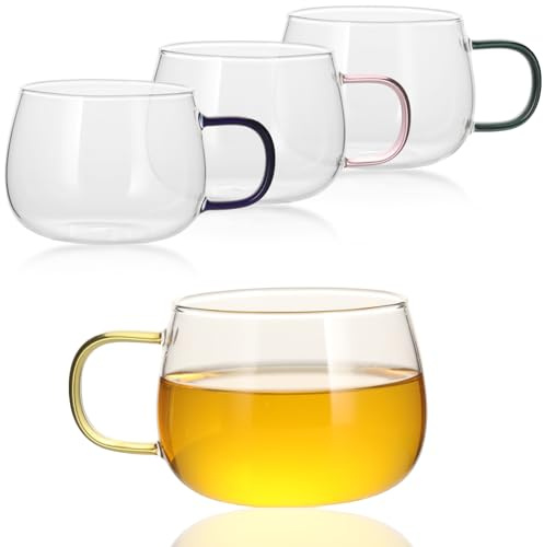 GURUDAR Glass Tea Cups Set of 4, Clear Borosilicate Glass Teacups with Colorful Handle for Tealover, Dishwasher & Microwave Safe Large Coffee Mugs for Espresso Cappuccino Latte Juice, 12OZ/360ML