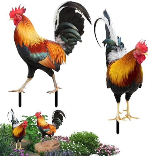 Nkmujil Lot de 2 piquets de jardin en forme de coq en métal, sculptures d'art décoratives pour jardin, terrasse, jardin résistant aux intempéries