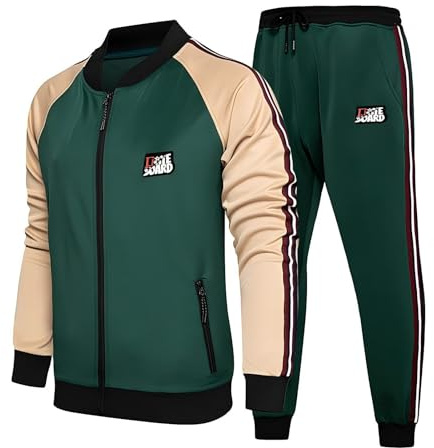 Casual träningsoverall för män, sporttröja, med dragkedja och joggingbyxor, långärmad rutig dräkt med fickor, Färg: grön, XL