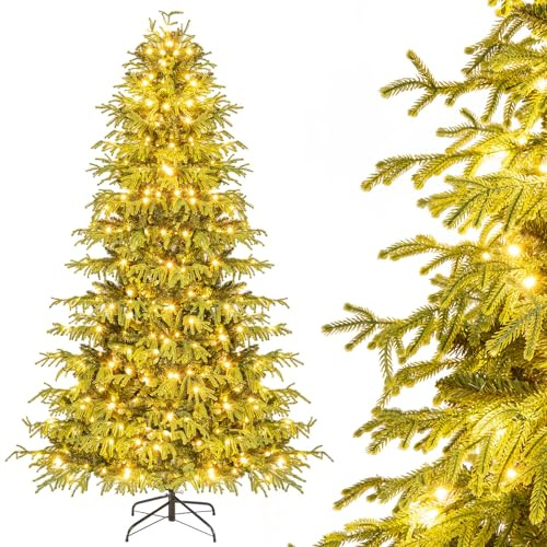 COSTWAY Konstgjord julgran med belysning, 210 cm, julgran med 370 varmvita LED-lampor, julgran, konstgjord gran, jul, grön