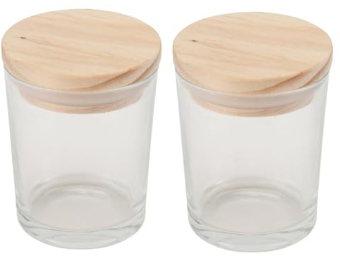 WRITWAA 2 Tazas Transparentes de Vidrio para Velas Aromáticas Tapa de Madera, Capacidad 50g, Ideales para Relajación y Decoración en Yoga y Ducha