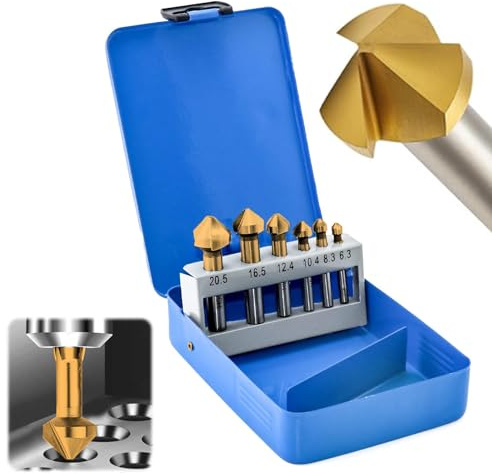Set 6 Svasatori 90° in HSS con Rivestimento al Titanio, da Ø 6,3 a 20,5 mm, per Legno, Metallo, Plastica, Custodia Portautensili