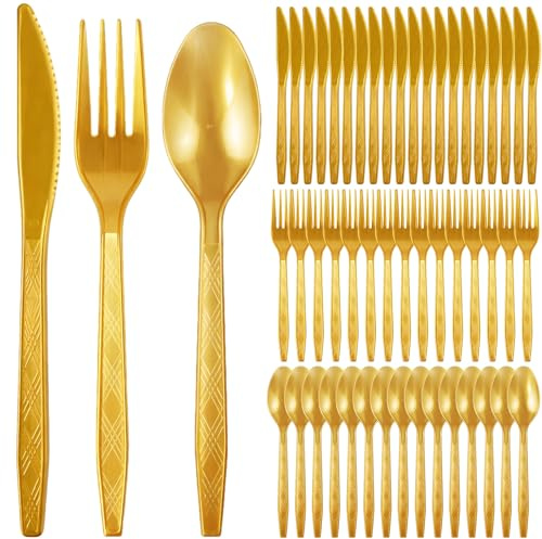 Richunie 150 Piezas Cubiertos Dorados De Reutilizables, Tenedores De Reutilizables Y Resistentes 50 Cuchillo, Horquilla, Cuchara Cada Para Fiestas Cumpleaños Bodas Aniversarios(Oro)