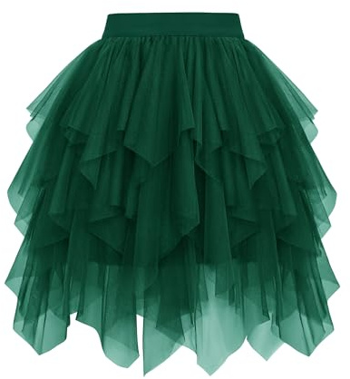 Wikoan Gonna in Tulle da Donna Gonna a Balze Asimmetrica in Tulle Ballo in Maschera Travestimento Costume di Halloween,Verde Scuro,S-M