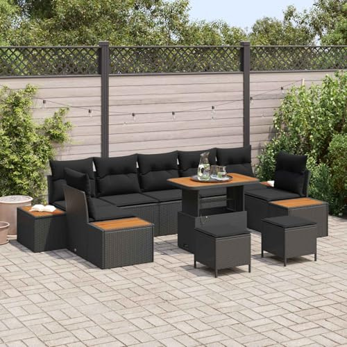 Runheo Ensemble de canapé de Jardin 10 pcs Noir avec Coussins modulables en résine tressée et métal, Banquette Angle Convertible pour terrasse, Balcon, Patio