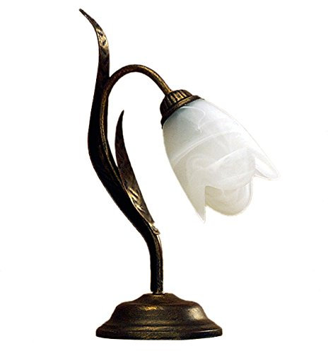 ONLI - abat-jour 1 x E14. Metallo marrone spennellato oro, paralume in vetro opaco decoro alabastro. Stile classico, tradizionale. Ideale per la camera da letto. (Vetro Bianco)