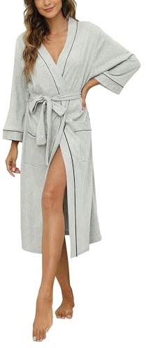 HEARTNICE Womens Cotton Robe, Soft Kimono Spa Knit Long Bathrobe Lightweight Loungewear(Grey mel.,S)