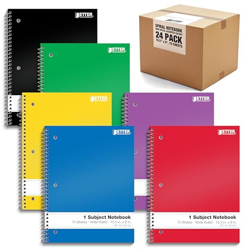 Better Office Products Spiral Notebooks 1-Subject, 24 Pack, Wide Rule, 70 Sheet, 8 x 10.5 inches, 6 Assorted Primary Colors, 24 Pack